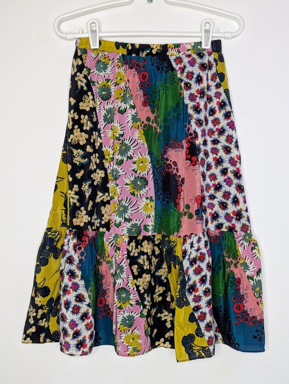 Anthro Maeve Flounced Patchwork Colorful Floral Chiffon Knee Length Skirt XS